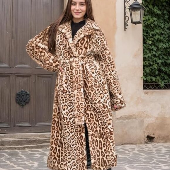 Luxury Women Leopard Faux Fur Overcoat Warm Jacket with Pockets - Picture 6 of 7